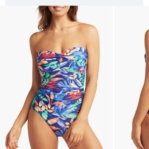 Sea Level Nordstrom Women’s Bandeau One-Piece Swimsuit Ruched tropical Size 10